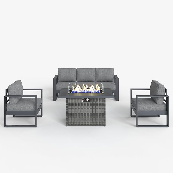 LayinSun 4 Pieces Aluminum Outdoor Patio Furniture Set, Metal Modern Conversation Sofa Set with Fire Pit Table and Washable Thick Cushions for Porch, Backyard, Deck