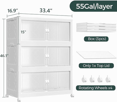 165Gal Stackable Storage Bins with Lid, 660Qt Extra Large Collapsible Storage Box with Doors and Wheels, Plastic Closet Organizer and Storage Cabinet Drawer For Home Kitchen, 3Pack White