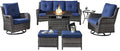 Belord Outdoor Patio Furniture Set with Propane Fire Pit Table, 7 Pieces Wicker Patio Conversation Set with 2 Swivel Glider Rocker Chairs Rattan Sofa Blue Cushion Perfect for Casual Gathering Gray