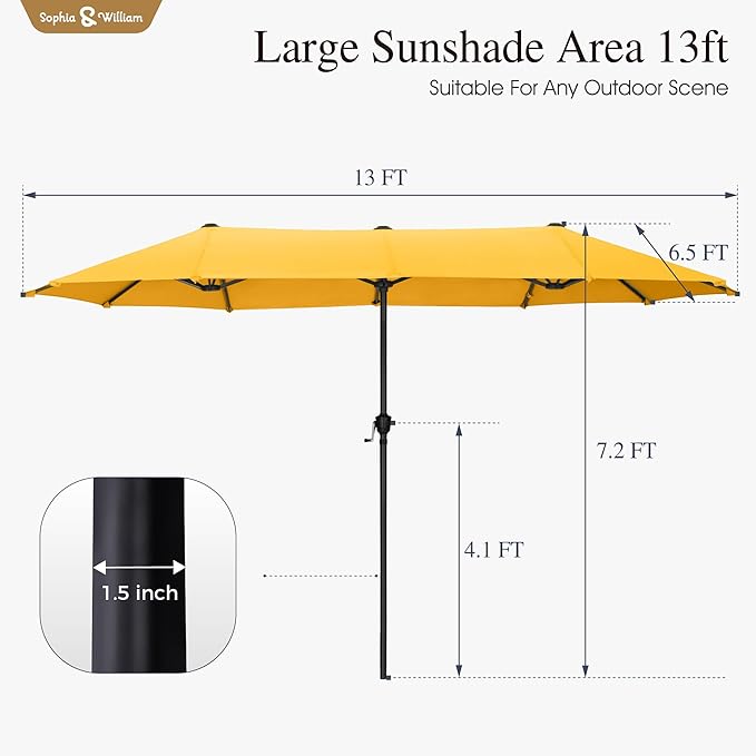 Sophia & William 13ft Outdoor Patio Umbrella for Table, Large Double-sided Umbrella for Garden, Deck, Pool, Golden Yellow