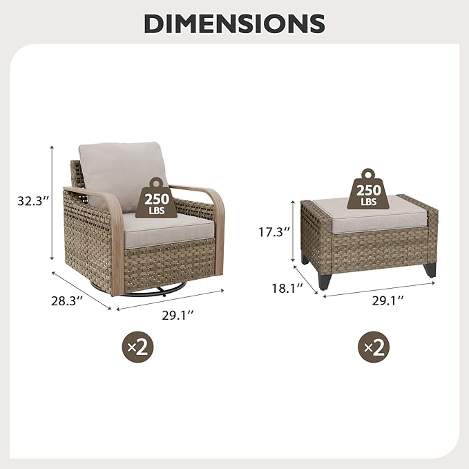 EAGLE PEAK Modern Wicker Outdoor Glider Rocking Chair, Swivel Rocker, Rattan Patio Furniture for Yard Deck Porch Garden, 2 Chairs 2 Ottomans, 4 Piece, Brown/Gray