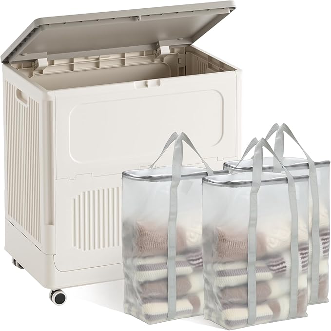 HAIXIN HOME 130L Stackable Storage Bin with 3 Storage Bags for Sorting and Organization, Foldable Storage Box with Wheels, Large Blanket Storage Container for Comforters, Bedding, Seasonal Clothing