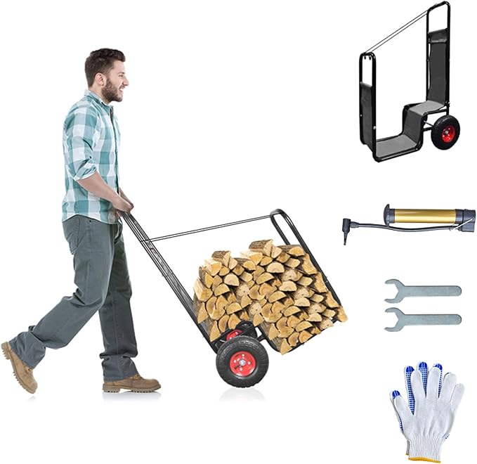 Firewood Cart: 44 X 27 X 20 in Heavy Duty 220 lbs Load Pneumatic Tires for Garden Backyard Fireplace Men Women Use