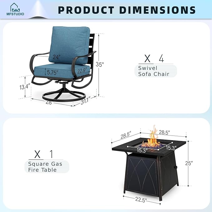MFSTUDIO 5 Pieces Patio Conversation Sets, Outdoor Metal Furniture Sofas with 1 x 28 50,000 BTU Square Propane Gas Fire Pit Table and 4 x Steel Frame Patio Sofa Swivel Chairs with Navy Cushion