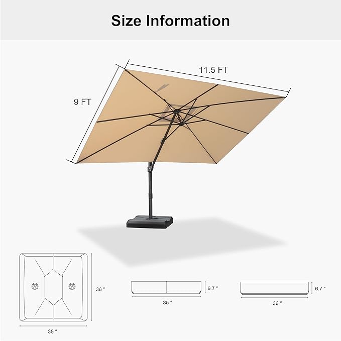 PURPLE LEAF 9' × 11.5' Outdoor Cantilever Umbrella with Base Patio Rectangle Adjustable Offset Umbrellas with 360-degree Rotation and 8 Heavy Duty Metal Ribs for Garden Deck Pool Beige