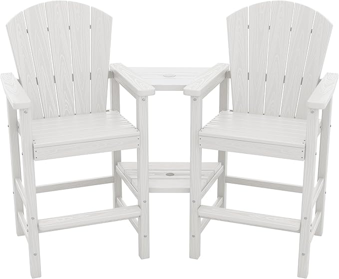 SERWALL Tall Adirondack Chairs Set of 2 with Double Layer Connecting Tray, HDPE Bar Height Outdoor Chairs, Wood-Like Adirondack Bar Stools for Patio, Balcony, Porch, White