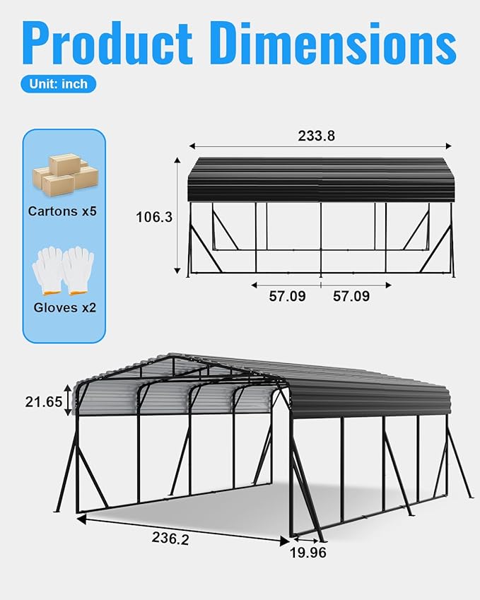 20X20FT Heavy Duty Carport, Metal Carport with Reinforced Frame & Side Support Poles for All-Weather, Large Outdoor Car Port Suitable for Parking Pickup, Boat, Car, and Tractor
