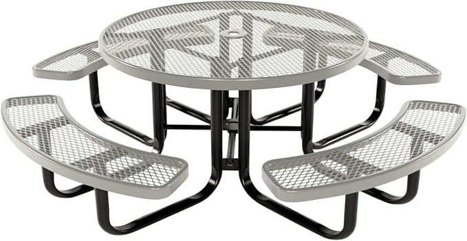 COATEDOUTDOORFURNITURE Heavy-Duty Portable Outdoor Kids Table with Umbrella Hole, Expanded Metal Kids Picnic Table, Commercial-Grade, Made in America (46 in, Round, Childrens, Textured Grey)