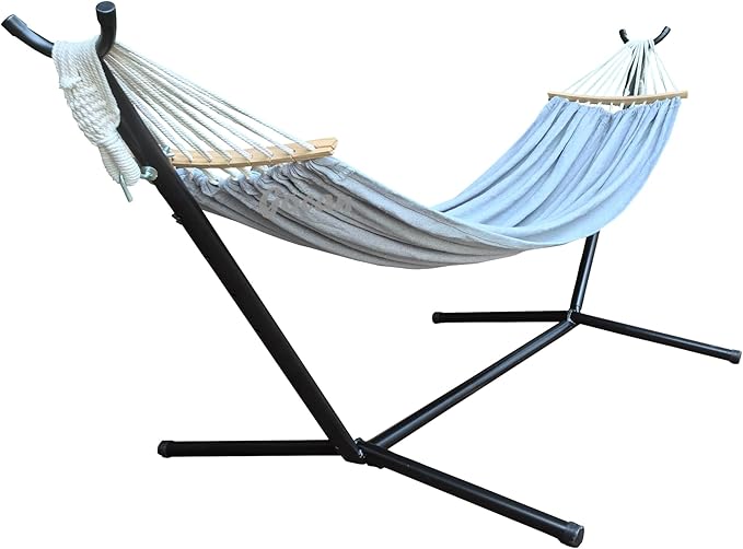 GOCAN Double Hammock 2 Person Large 220x150cm with Steel Stand and Removable Spreader bar Load 500lb, Canvas Cotton Hammocks for Patio Porch Garden Backyard Outdoor and Indoor