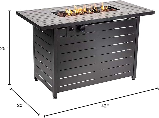Mazatzal 42 Inch Propane Fire Pit Table, 60,000 BTU Outdoor Tabletop Fire Pit with Lid, Weather Cover, Lava Rock, Rectangular Steel Gas Fire Pit for Outside, Patio, Backyard, CSA-Certified, Black