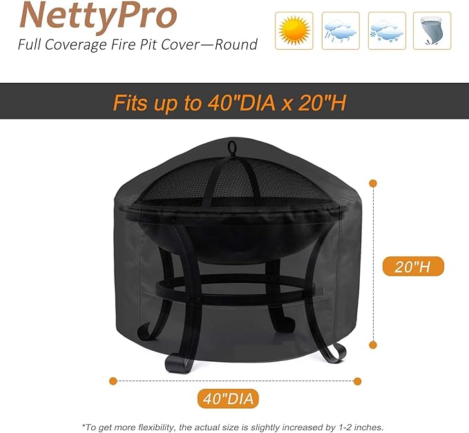 NettyPro Fire Pit Cover Round Waterproof Outdoor Firepit Cover for Gas Propane Fire Pit Table, 40 x 20 inch, Black