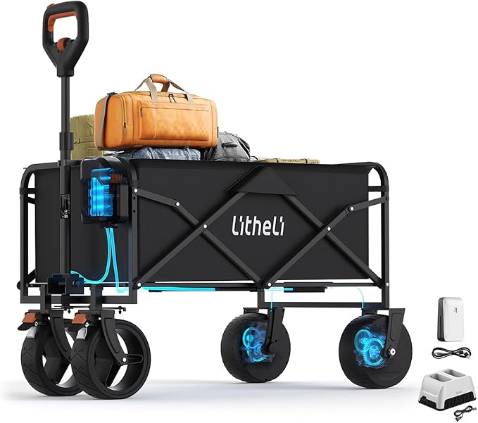 Litheli Electric Collapsible Wagon Cart Foldable, 100L Portable Folding Wagon Cart with Wheels, Outdoor Lightweight Utility Carts for Beach Grocery Camping Shopping and Dual Port Charger