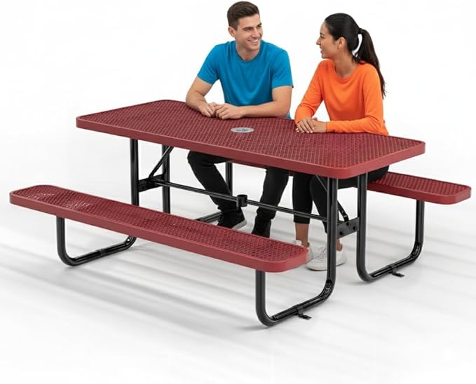 Commercial Heavy-Duty Metal Picnic Table - ADA Compliant, Adjustable Seats, Umbrella Hole, Expanded Metal (Red, 6' Rectangular)
