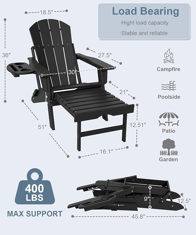Adjustable Adirondack Chair with Retractable Ottoman, HDPE Folding Adirondack Chair with Cup Holder, All Weather Fire Pit Chair for Outdoor.