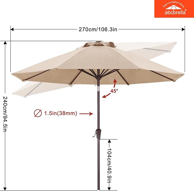 ABCCANOPY OLEFIN® 5-Year No Fading 9FT Patio Umbrella, Outdoor Table Umbrella with 8 Sturdy Ribs for Deck, Backyard, Yard (Light Beige)