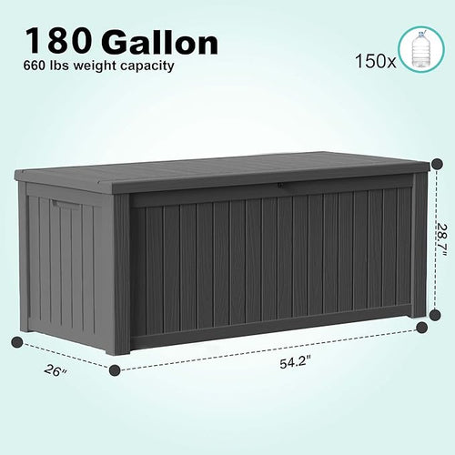 180 Gallon Outdoor Deck Box,Storage Lockable Waterproof Patio Furniture,Garden Tools,Cushions,Pool Accessories Outside Storage Resin Box(Black)