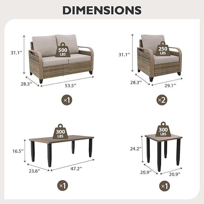 EAGLE PEAK Modern Wicker Outdoor Patio Furniture Set, Patio Conversation Set, 2 Chairs, 2-Seat Loveseat, Coffee Table and Side Table, 5 Pieces, Brown/Gray
