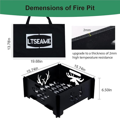 16 inch Portable Square Fire Pit Outdoor Foldable Plug Fire Pit Suitable for Camping, Picnic, Backyard, Garden Bonfires and Outdoor Wood Burning with Storage Bag