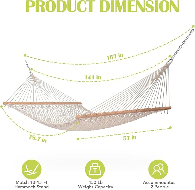 Lazy Daze Hammocks 12FT Double Rope Hammocks, 2 Person Hand Woven Cotton Hammock with Spreader Bar for Outside, Patio, Poolside, FIT 13-15 Foot Stand, Max 450 Lbs, Natural, 141 x 57 inches