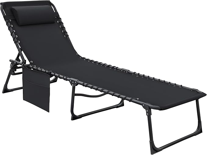 Flamaker Foldable Chaise Lounge Chair 5-Position Adjustable, Tanning Chair with Side Pocket, Outdoor Sunbathing for Pool, Beach, Patio, Lawn, Indoor Recliner Chair for Napping(Black, 1 Pcs)