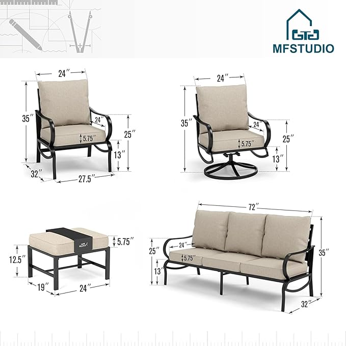 MFSTUDIO 7 Pieces Metal Patio Furniture Sets, 2 Swivel Chairs, 3-Seat Deep Seating Sofa, 2 Single Couch and 2 Ottoman, All Weather 9 Seats Outdoor Conversation Set for Garden Backyard，Beige Cushion