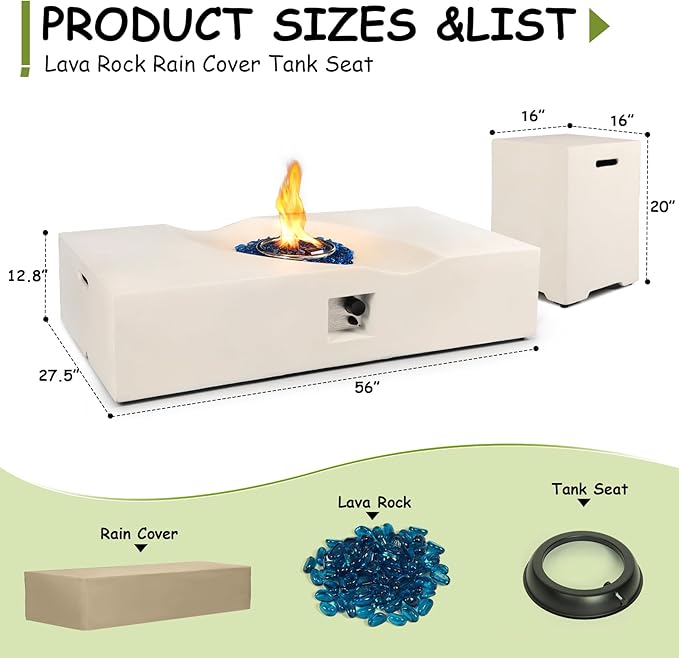 Rectangular Propane Fire Pit,56 Inch Outdoor Fire Pit Table Set w Tank Cover,2-Piece 50,000 BTU Gas Firepits w Glass Stones,Gas Fireplace for Outside Patio & Deck