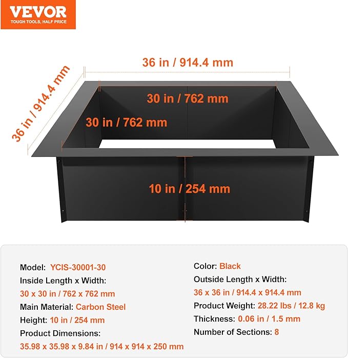 VEVOR Fire Pit Ring, 36x36 in Outer/30x30 in Inner Diameter, 10inch Height Square Fire Pit Insert, Heavy Duty Carbon Steel Liner DIY Campfire Ring Above or In-Ground, for Outdoor Camping, Bonfires