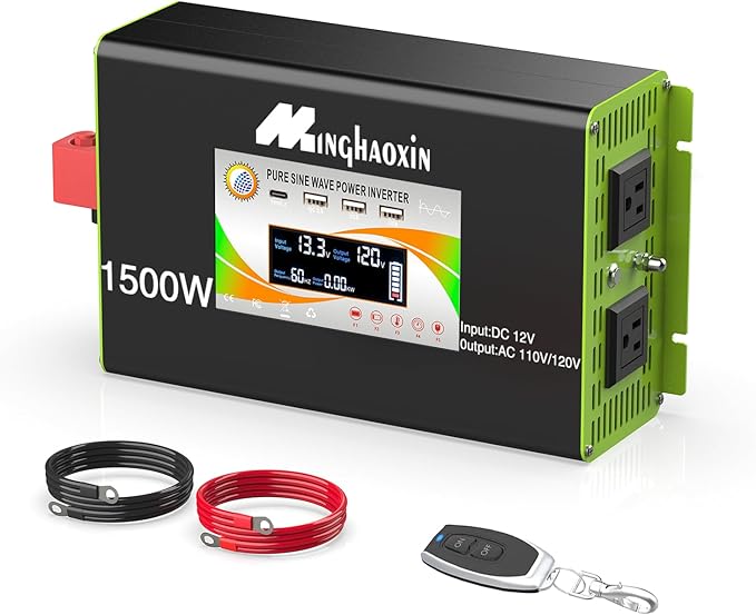 1500W Pure Sine Wave Inverter 12V DC to 110/120V AC for RV, Off-Grid Solar Car Power Inverter with Remote, Smart LCD Display, Dual AC Socket, USB 3.0 & Type-C Fast Charging, Surge 3000W