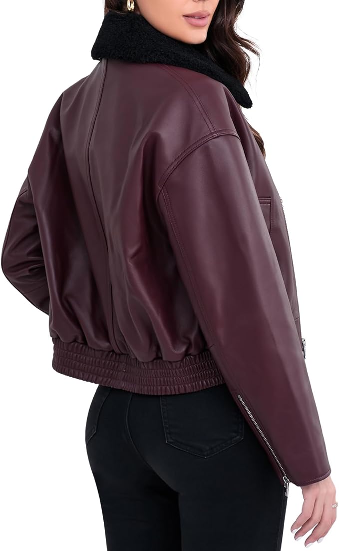 Leather Jacket Women,Cropped Lambskin Bomber Jacket,Removable Sherpa Collar, Zip Front, Elasticized Hem