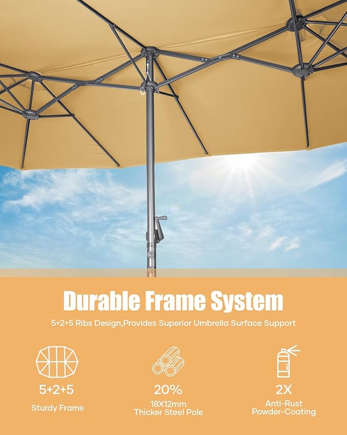 15ft Large Patio Umbrella with Base Included, Outdoor Double-Sided Rectangle Market Umbrella with Crank Handle, Umbrella Outdoor Patio for Pool Lawn Garden
