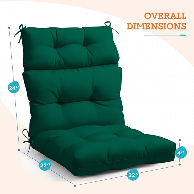 EAGLE PEAK Tufted Outdoor/Indoor High Back Patio Chair Cushions, Set of 2, 46'' x 22'', Dark Green