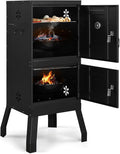 ROVSUN 2-in-1 Outdoor Smoker with Double Doors, Vertical Portable Charcoal Grill with Two Detachable Grill Smoking Racks and Charcoal Pan, Perfect for Camping Barbecue, Black