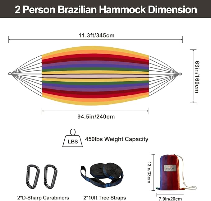 CHULIM Brazilian Double Hammock with Tree Straps,Extra Large 240x160cm,2 Persons Hammock for Backyard Patio Outdoor and Indoor,450lbs Weight Capacity,Soft Woven Cotton Fabric