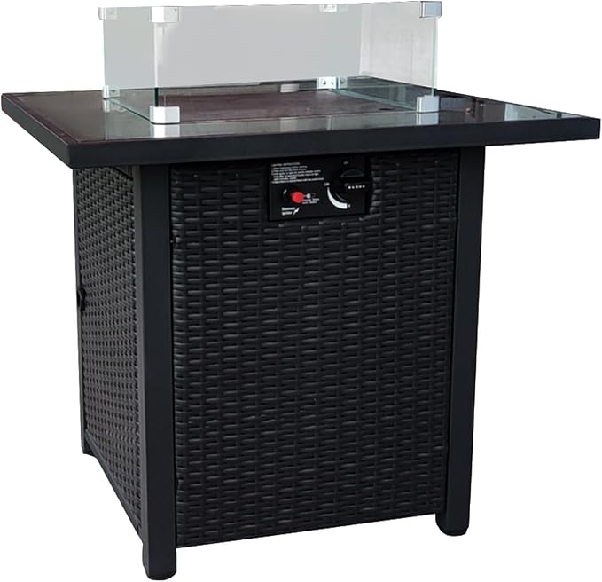 Fire Pit Table 28" Wicker &Rattan Square Propane Outdoor Fire Pit with Lid, Glass Wind Guard, CSA Listed, 50,000BTU, Gas Fire Pit Table for Patio Garden Backyard Deck (Black)
