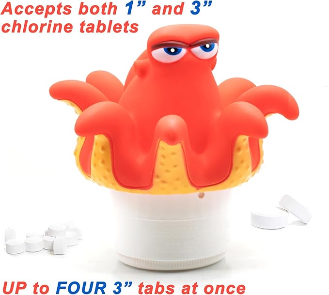 WWD POOL Pool Chlorine Floater, Floating Pool Chlorine Dispenser (Octopus), Fits 1 and 3 Inch Tablets for Large and Small Pools, Spa, Hot Tub