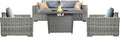 Mazatzal 4 Piece Outdoor Patio Furniture Set with 42 Inch Grey Propane Fire Pit, Wicker Rattan Outdoor Loveseat and Stationary Chairs, Aluminum Frame, Includes Fire Glass & Wind Guard