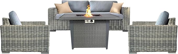 Mazatzal 4 Piece Outdoor Patio Furniture Set with 42 Inch Grey Propane Fire Pit, Wicker Rattan Outdoor Loveseat and Stationary Chairs, Aluminum Frame, Includes Fire Glass & Wind Guard