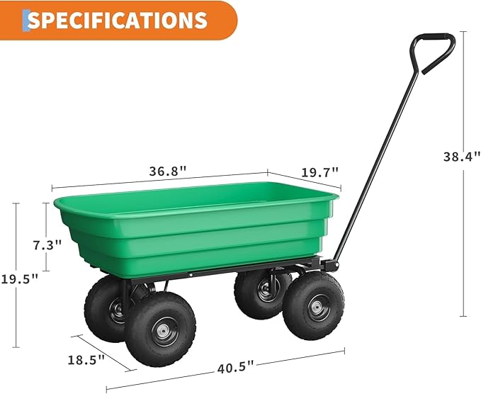 Heavy Duty Garden Dump Cart, 600LB Yard Utility Cart with All-Terrain Wheels & Quick-Release, Gardening Cart