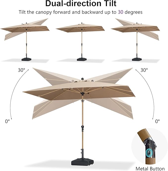 PURPLE LEAF 6.5' x 10' Outdoor Umbrella with Base Patio Umbrella Rectangular Outdoor Table Umbrella with Push Button Tilt & Crank and 8 Ribs Aluminum Market Umbrella for Backyard Deck, Taupe