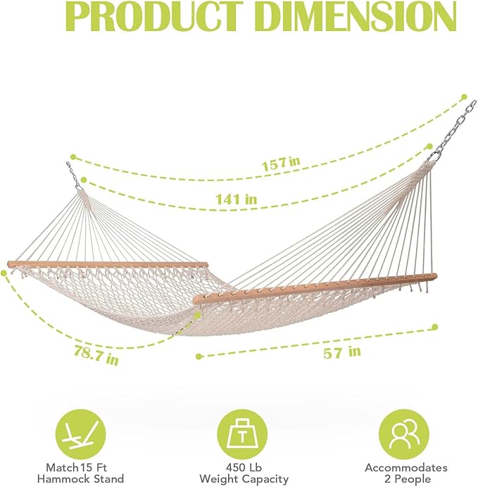 Lazy Daze Hammocks 12FT Double Rope Hammocks, 2 Person Hand Woven Cotton Hammock with Pillow and Spreader Bar for Outside, Patio, Poolside, FIT 13-15 Foot Stand, Max 450 Lbs, Natural, 141 x 57 inches