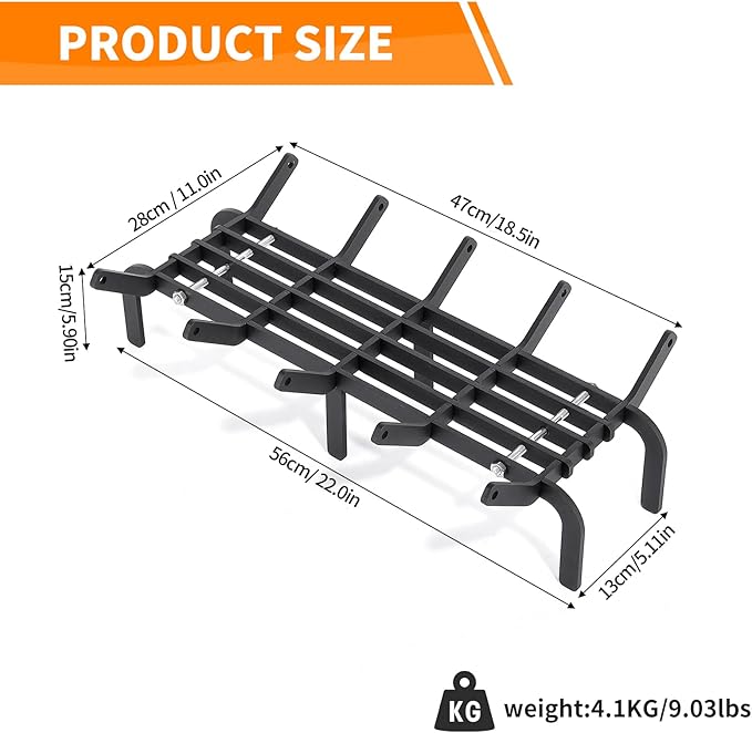 Fireplace Grates 22 inch Fire Place Grate Heavy Duty High Carbon Steel Fireplace Log Grate for Indoor Outdoor Firewood Stove Log Holder Rack Wood Burning Fireplace Accessories