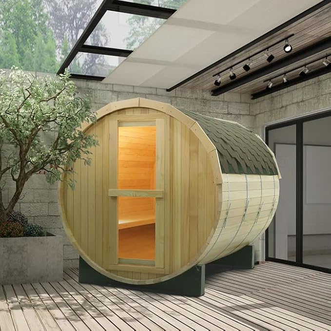 Smartmak Outdoor Wood Barrel Sauna Room, 6 Person Canadian Hemlock Traditional Wooden Steam Saunas with Canopy, 220V Steam Spa with 6kw Heater, Rocks, Water Bucket, Spoon, Light,195℉
