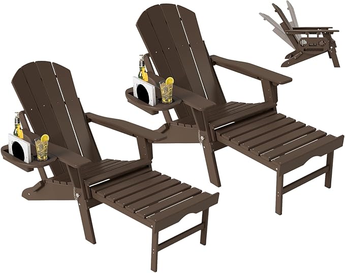 Adjustable Adirondack Chair with Retractable Ottoman Set of 2, HDPE Folding Adirondack Chair with Cup Holder, All Weather Fire Pit Chair for Outdoor,Coffee