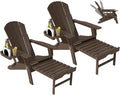 Adjustable Adirondack Chair with Retractable Ottoman Set of 2, HDPE Folding Adirondack Chair with Cup Holder, All Weather Fire Pit Chair for Outdoor,Coffee