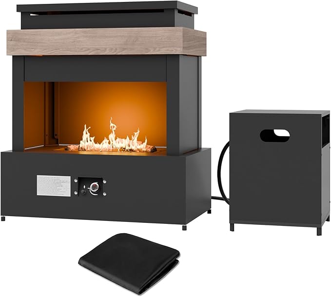 EAGLE PEAK Outdoor Propane Fireplace 50,000 BTU Gas Fireplace with Storage & Adjustable Flame, Patio Heater for Decks Backyards, Gray/Beige