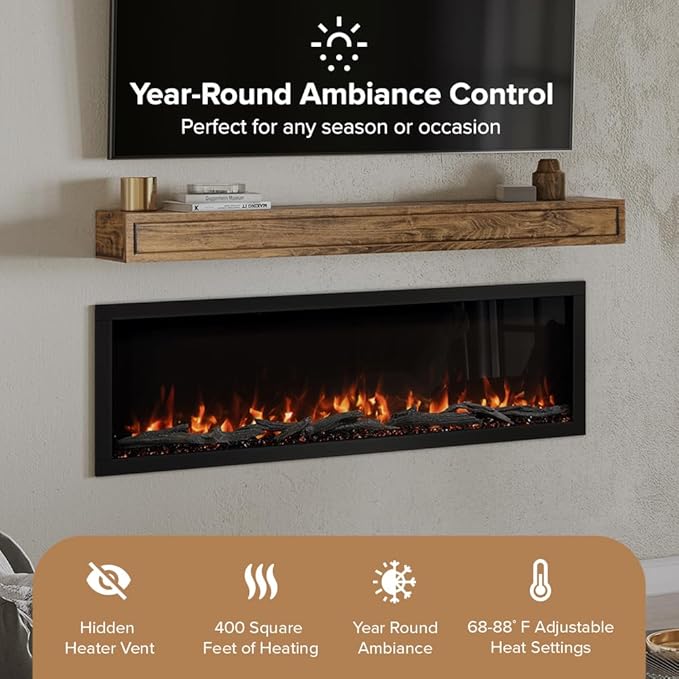 Modern Ember Highmark 60 Inch Smart Linear Electric Fireplace - Premium Flame with 10 Colors, Sleek Hidden Vent Design, Install Recessed in-Wall or Wall-Mount, WiFi Enabled.