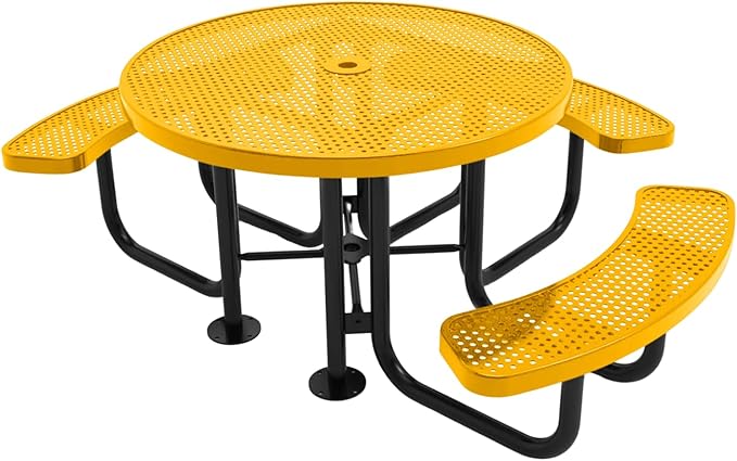 COATEDOUTDOORFURNITURE Heavy-Duty Portable ADA-Compliant Outdoor Picnic Table with Umbrella Hole, Punched Steel Patio Dining Furniture Made in America (46" Round Top, Textured Yellow)