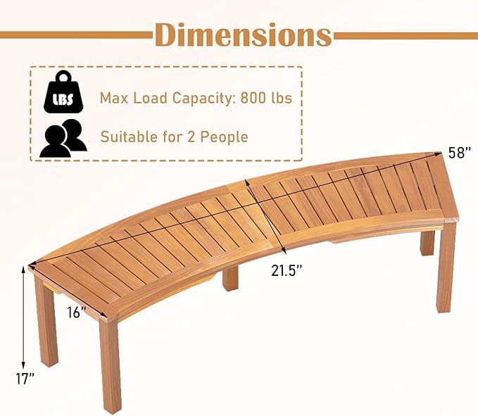 RELAX4LIFE Wooden Outdoor Curved Bench - Acacia Wood Garden Bench w/Slatted Seat, 2-Person Outside Backless Seating for Porch Backyard Deck Park, 800 LBS Load Capacity, Patio Fire Pit Bench (2, 58'')
