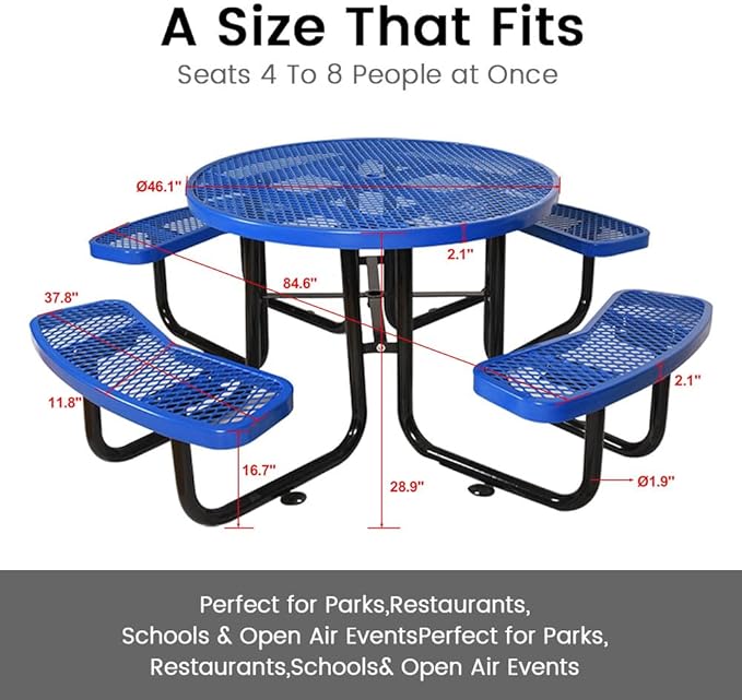 KUFUH 46" Round Metal Picnic Table for 4-8 Person, Durable Heavy Duty Commercial Picnic Table with Umbrella Hole for Outdoor Coffee Shop, School, Hospital, Easy to Install, Blue