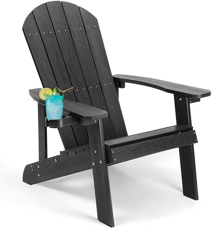 Adirondack Chair, All Weather Resistant Plastic Chairs with Cup Holder, 5 Easy Steps to Install, Outdoor Chairs for Patio, Garden, Backyard Deck, Lawn, Fire Pit - Black